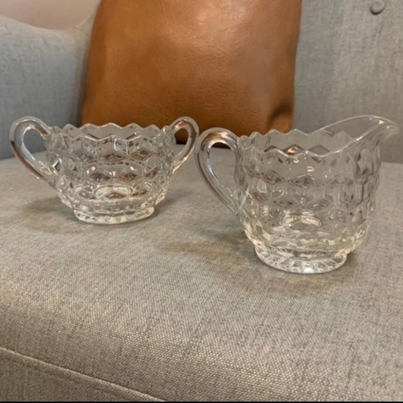 Fostoria glass vintage cubist patterned cream and sugar set - Picture 1 of 3
